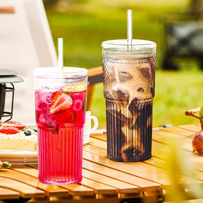 Glass Tumblers Set With Lids and Glass Straws