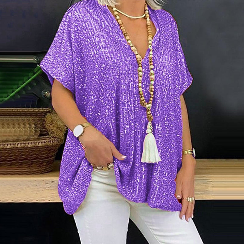 Loose-fitting V-neck T-shirt with Sequins