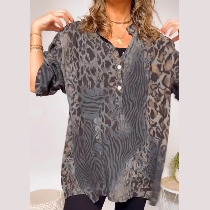 Women's V-neck Leopard Print Mid-sleeve Casual Top