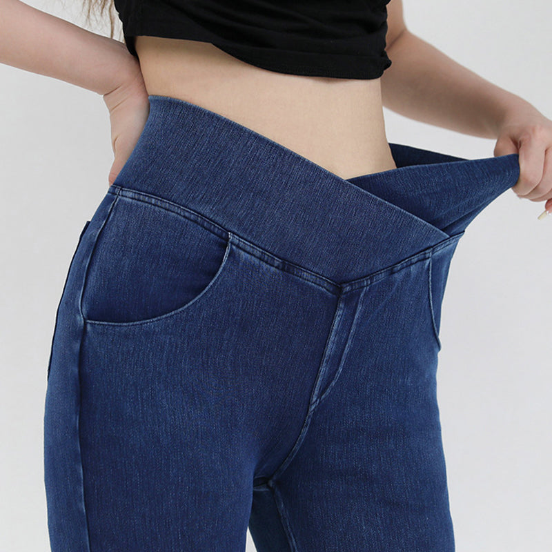 Stretchy Denim High Waisted Crossover Flare Pants