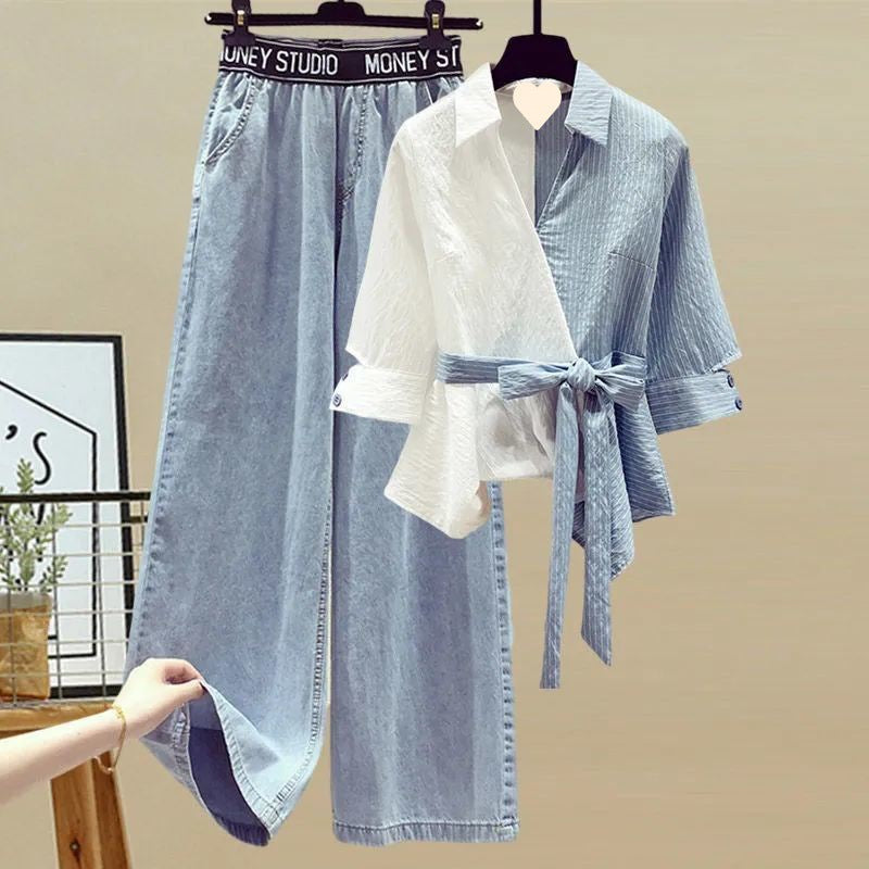 Two-piece Shirt Blouse and Jeans Set