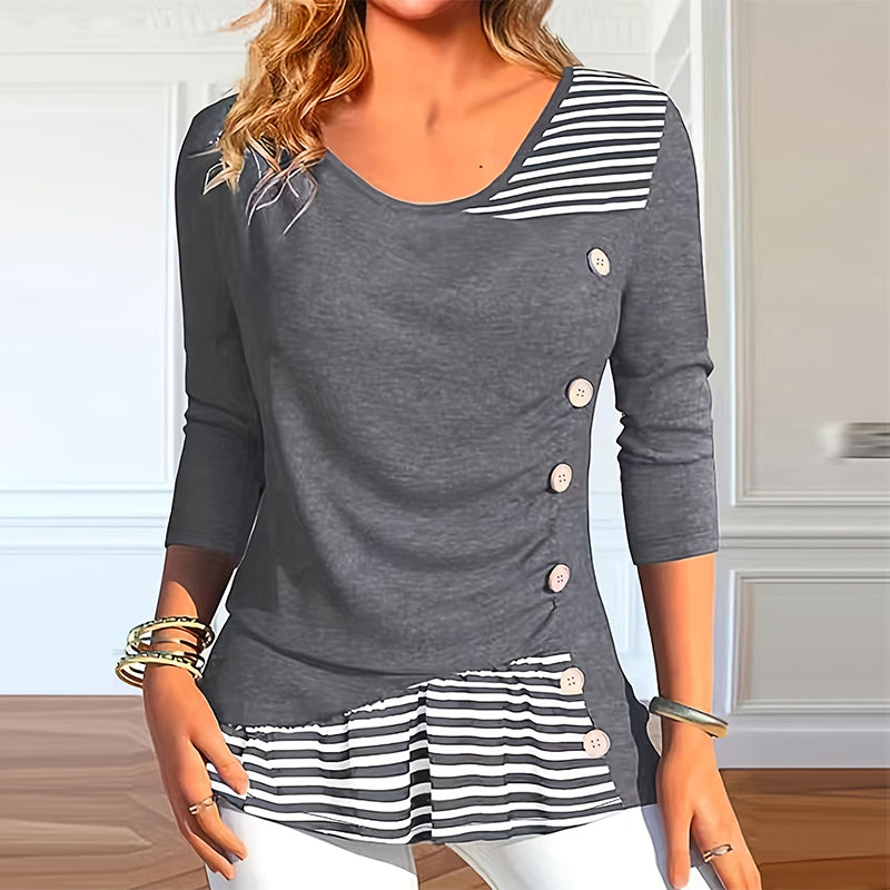 Striped Button Print Long Sleeve Casual Blouse