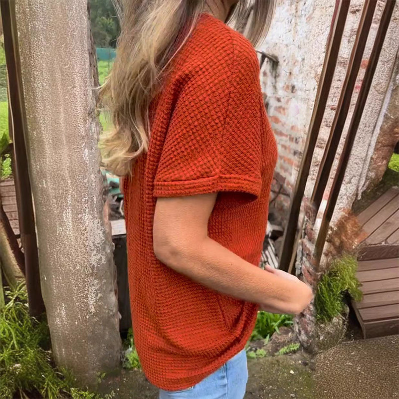 Waffle Grid Summer Short Sleeve V-Neck T-Shirt