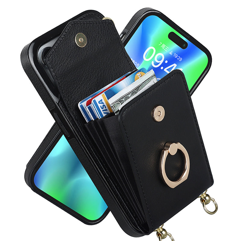 Leather Wallet Case with Ring & Lanyard For iPhone