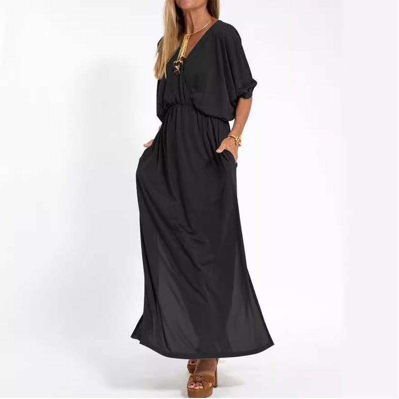 Women's Casual Solid Color V Neck Slit Dress