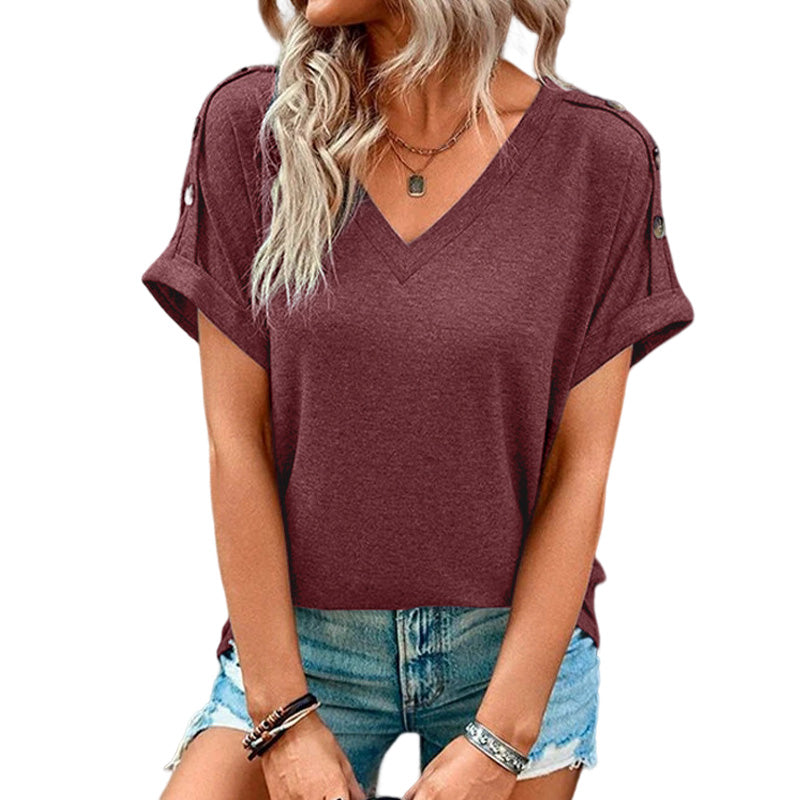Plain Button V-Neck T-Shirt