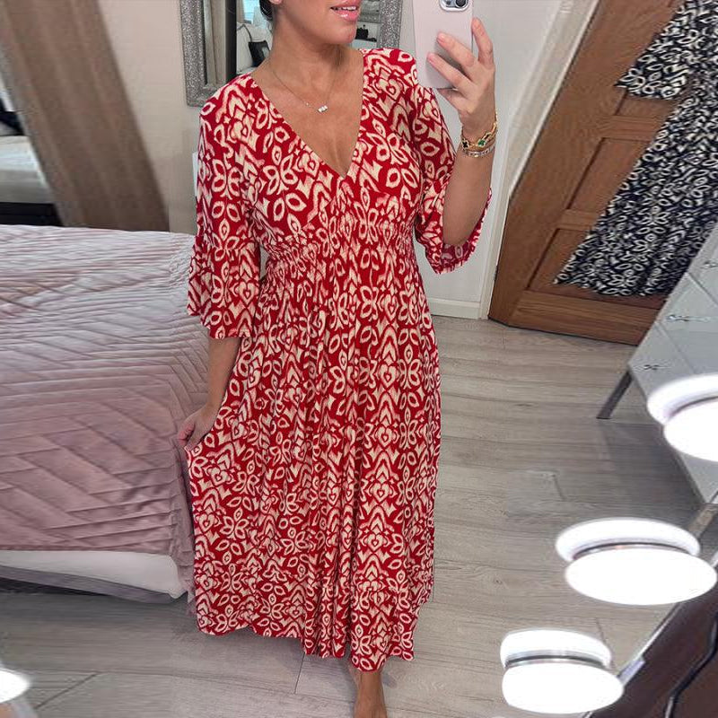 New Floral Print V Neck-Long Dress