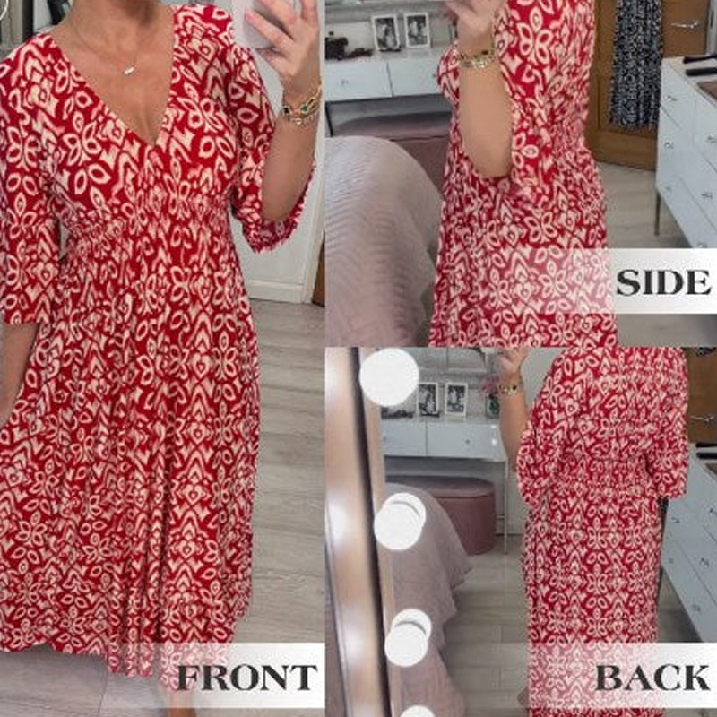 New Floral Print V Neck-Long Dress