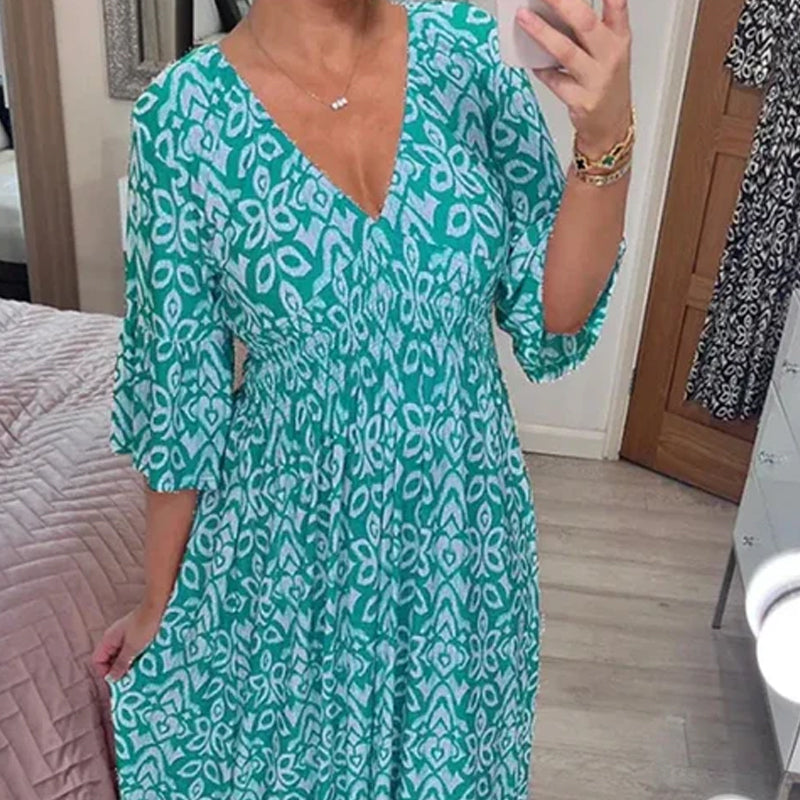 New Floral Print V Neck-Long Dress