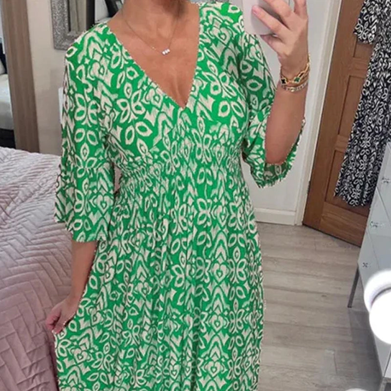 New Floral Print V Neck-Long Dress