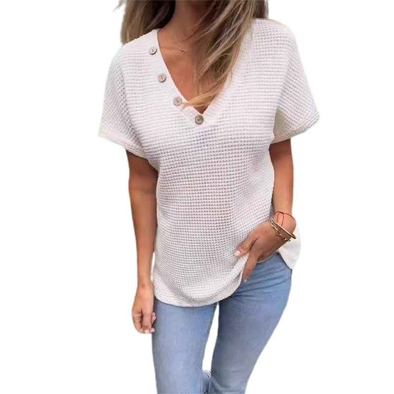 Waffle Grid Summer Short Sleeve V-Neck T-Shirt