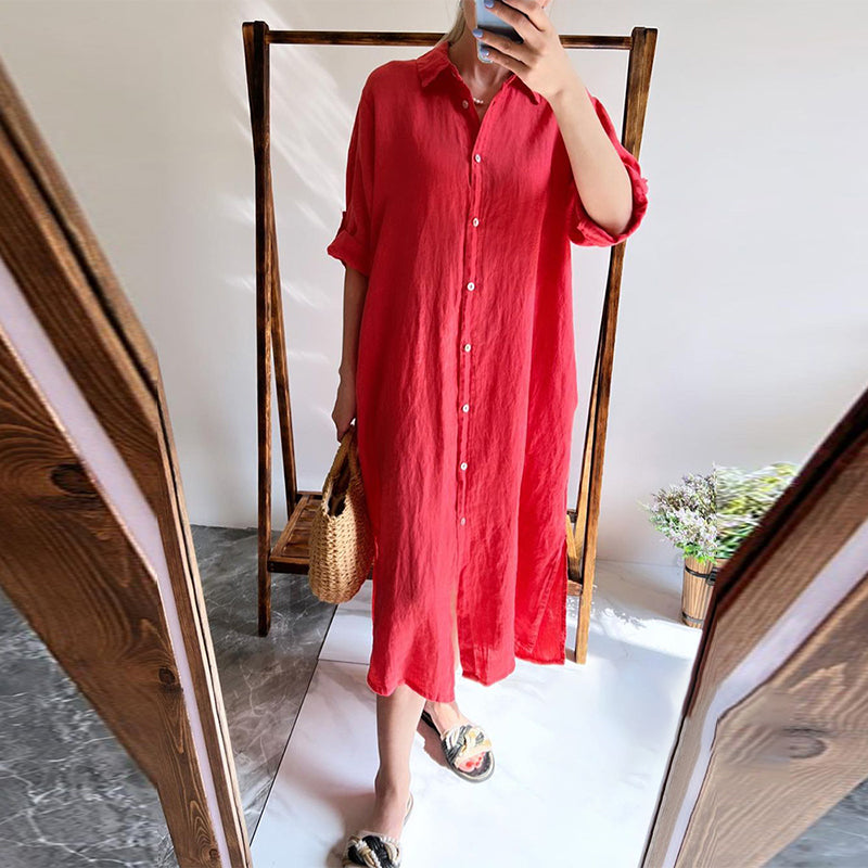 Lapel Buttoned Cotton and Linen Dress (Pre-sale)