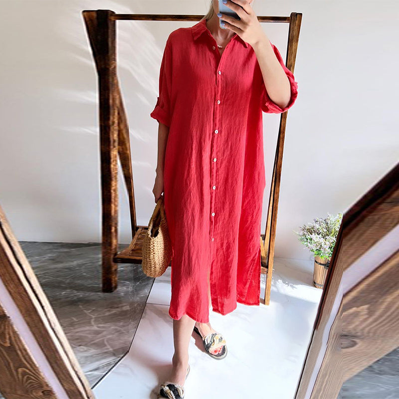 Lapel Buttoned Cotton and Linen Dress (Pre-sale)