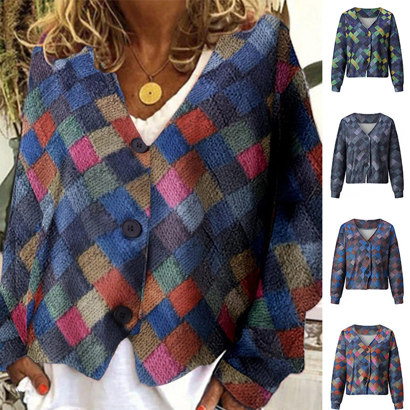 V-Neck Buttoned Irregular Printed Jacket