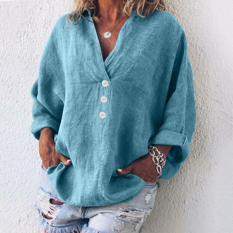 V-neck imitation cotton linen long-sleeved shirt