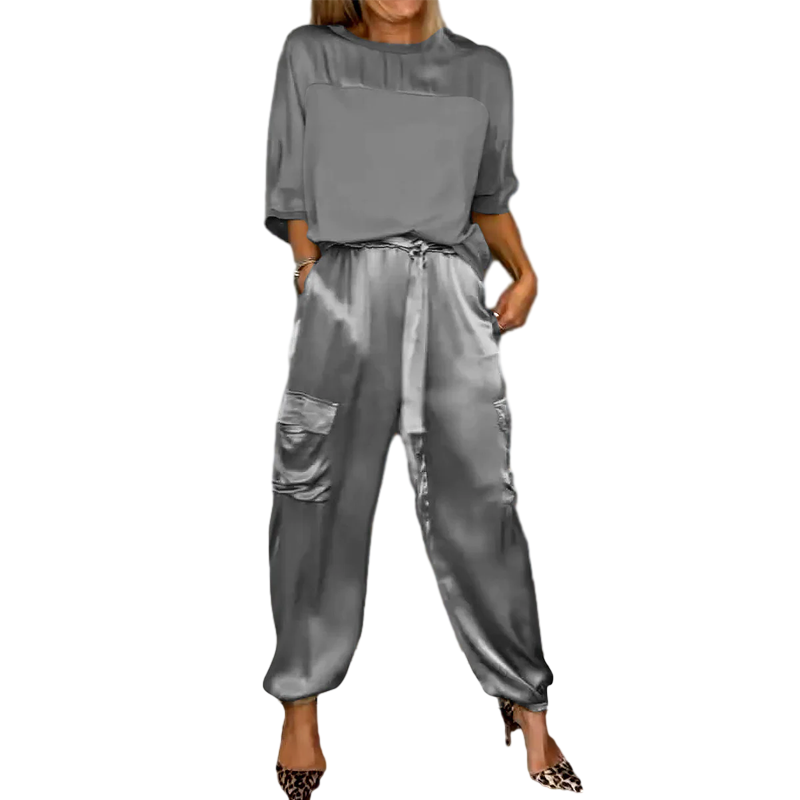 Women's Smooth Satin Half-sleeved Top and Pant Suit