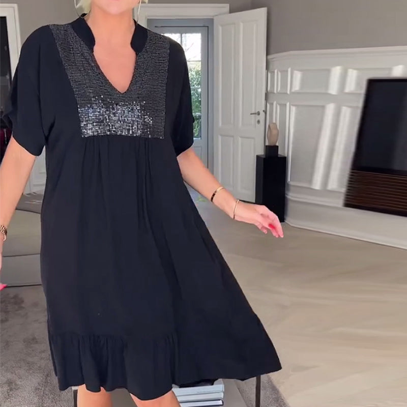 V-neck Loose Pleated Dress