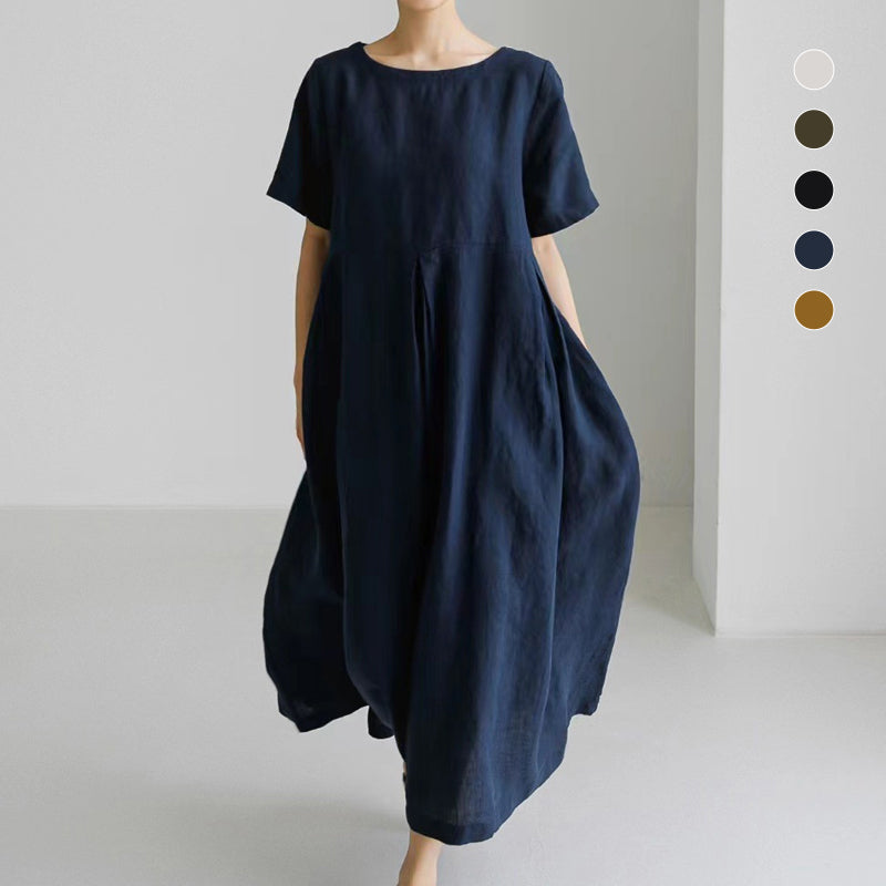 Cotton Linen Round Neck Solid Color Dress