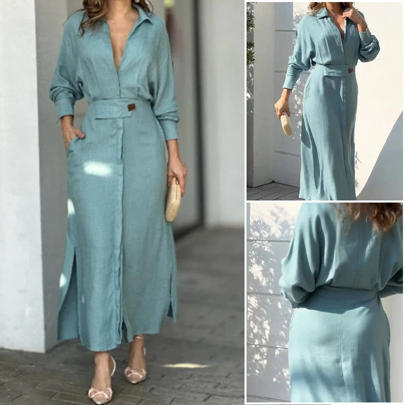 Solid Color Long Sleeve Lapel Dress