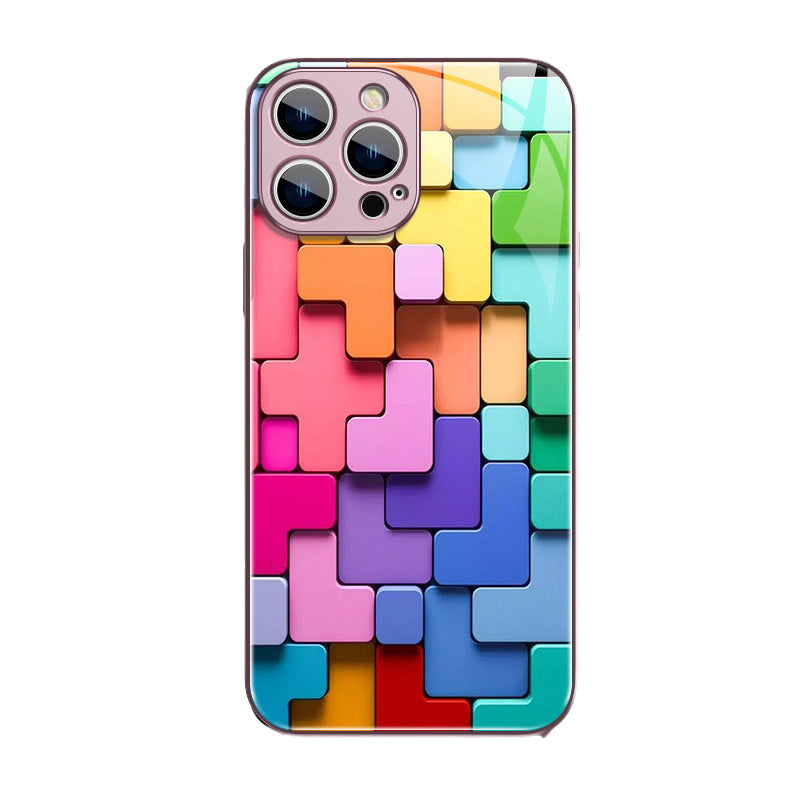 Flat 3D Square Pattern Glass Case Cover Compatible with iPhone