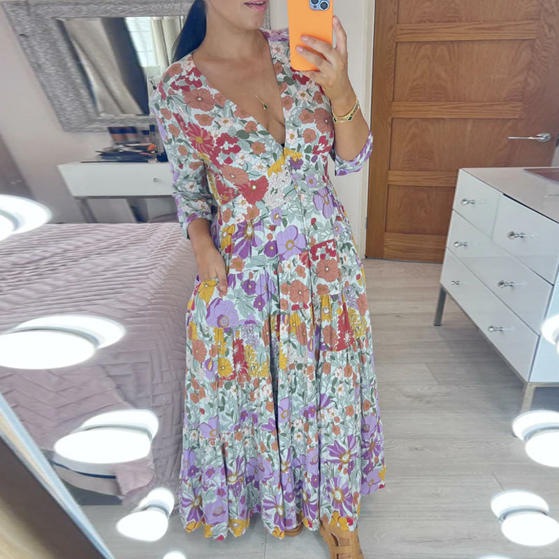 Casual Floral Print V-neck Dress