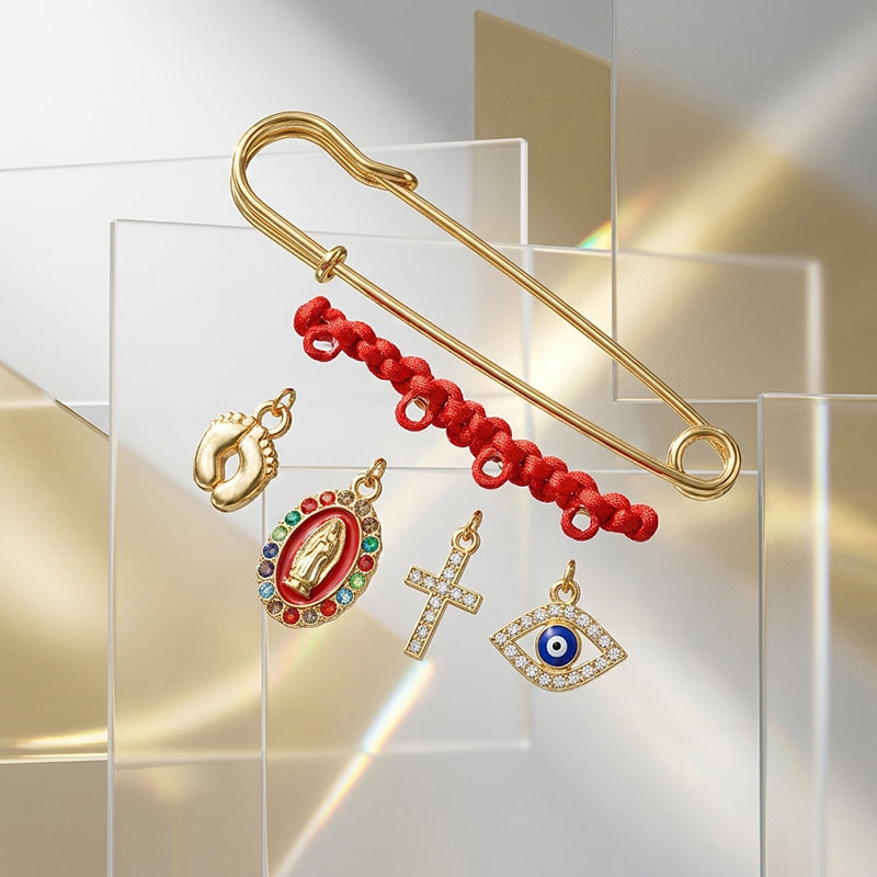 Red Cord and Diamond-Accented Brooch