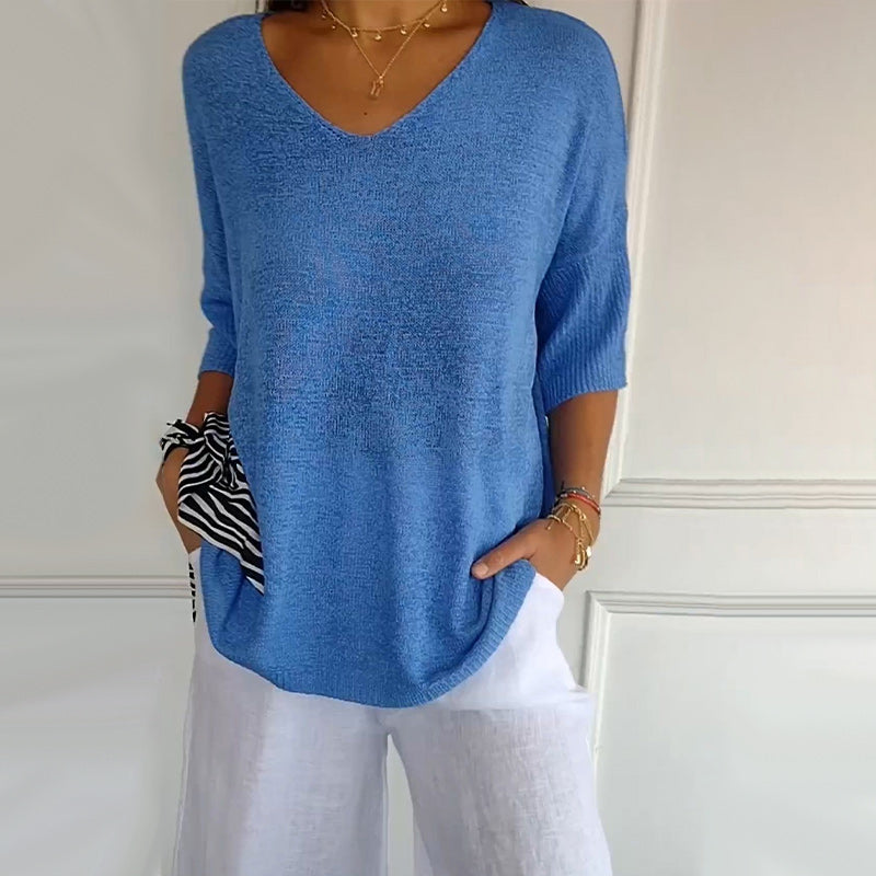 Solid Color Knitted V-neck Top