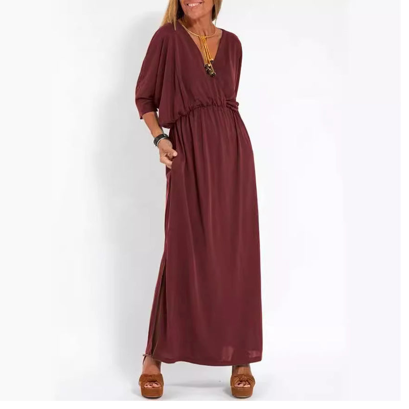 Women's Casual Solid Color V Neck Slit Dress