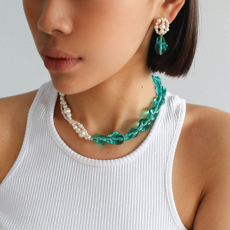 Hand-woven Blue Glaze Baroque Pearl Necklace and Earrings Set