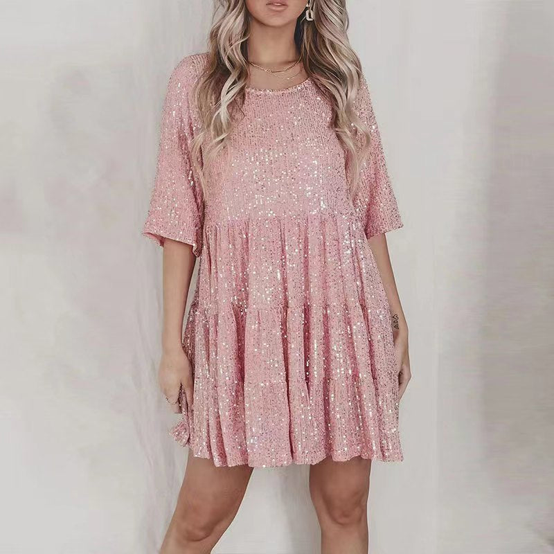 Sequined Round Neck Loose Waist Dress