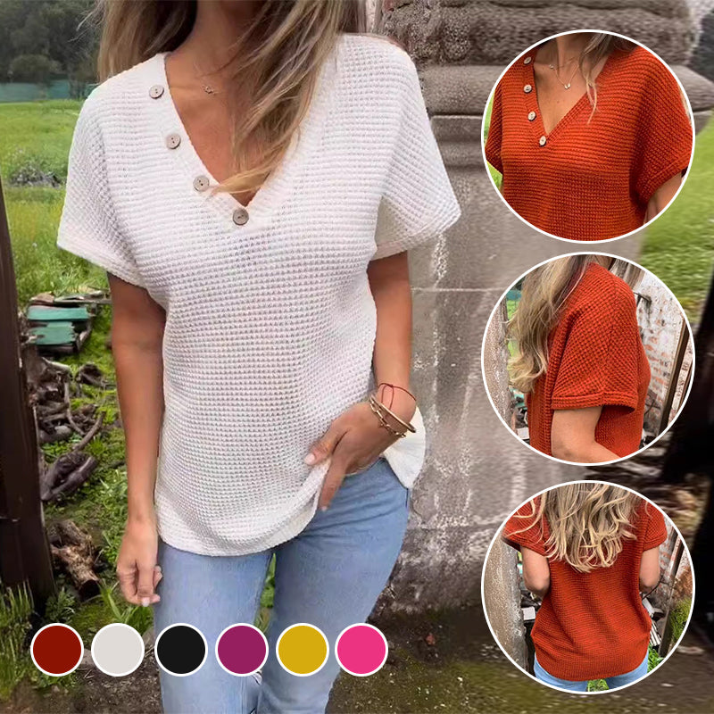 Waffle Grid Summer Short Sleeve V-Neck T-Shirt