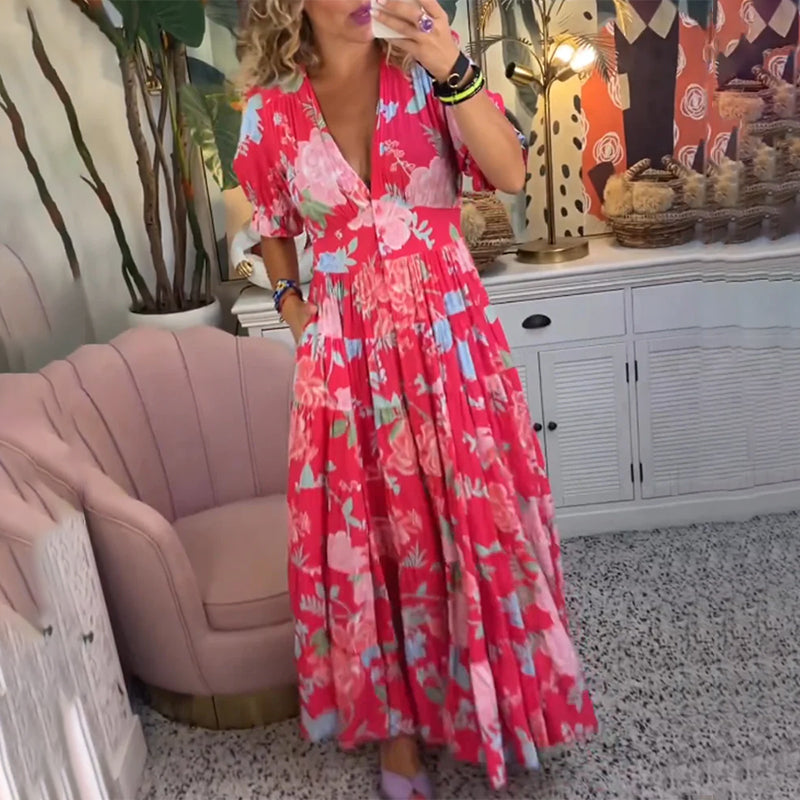 Floral Pattern Pocket Dress with V-neckline