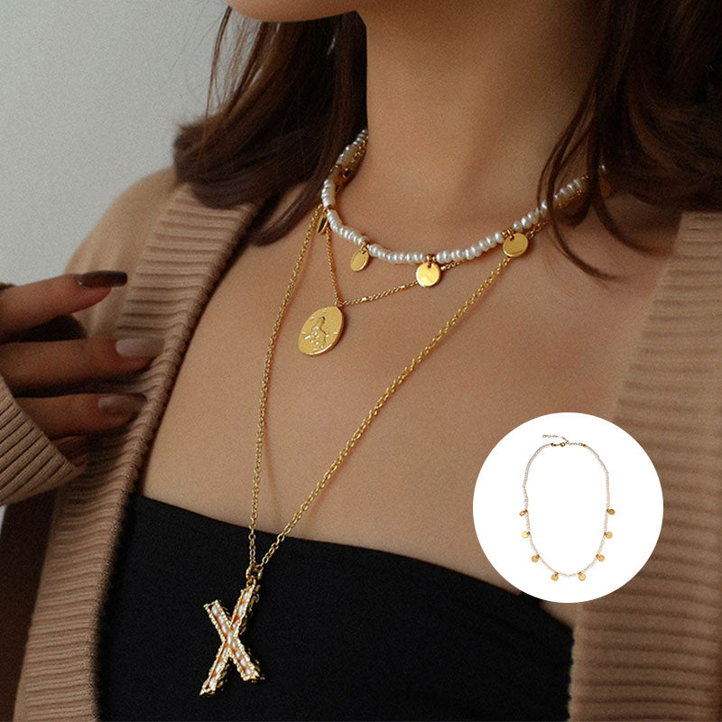Coin Beaded Gold Rice Pearl Necklace