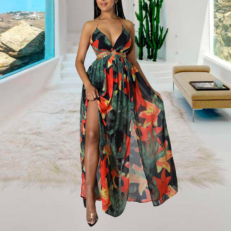 Women's Floral Print Chain Decor Split Thigh Dress