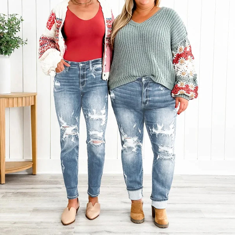 Torn Hole Mid-Waist Calf Pants