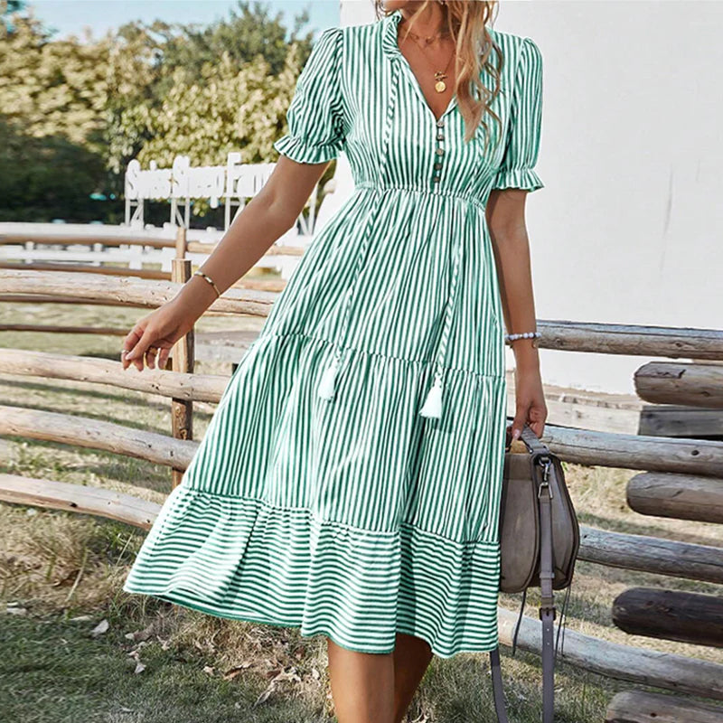 V-neck Dress with A Striped Print