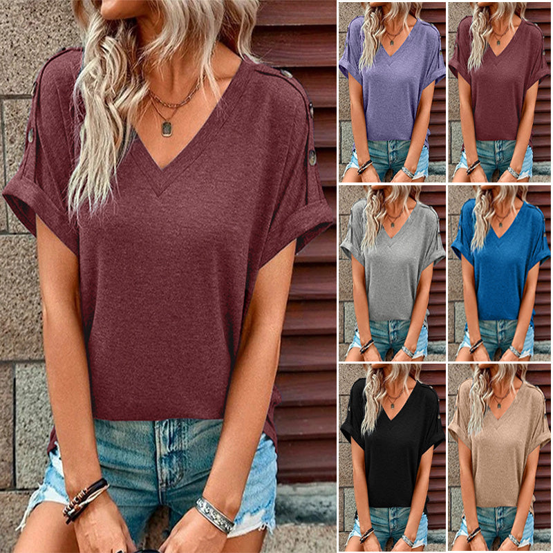 Plain Button V-Neck T-Shirt