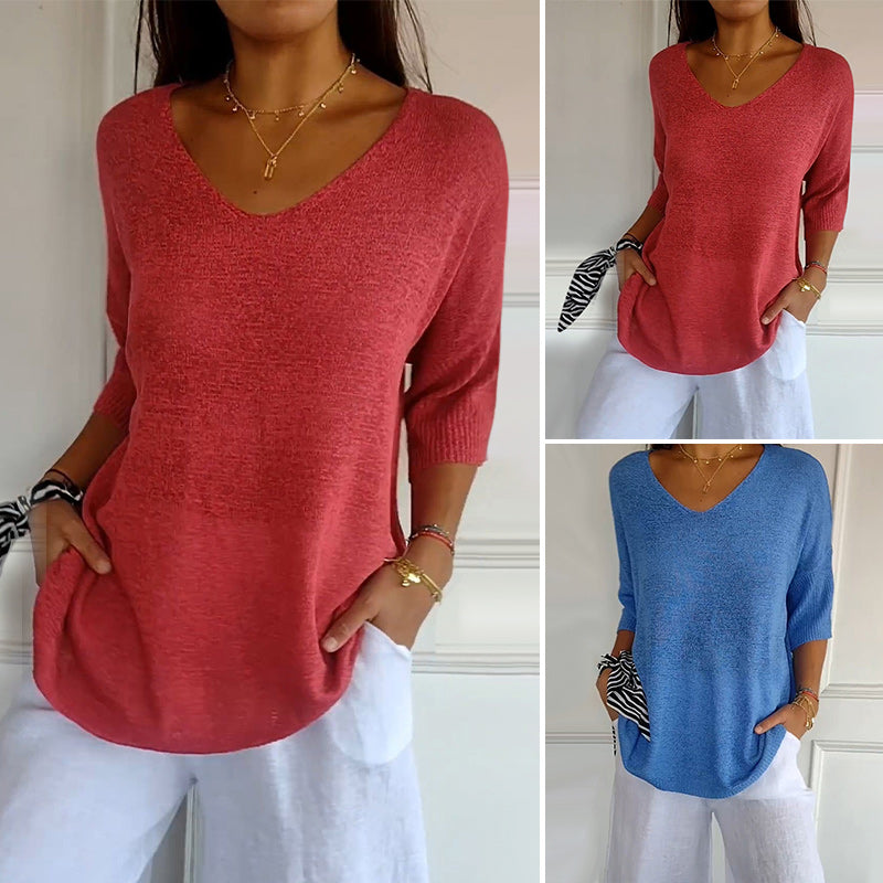Solid Color Knitted V-neck Top