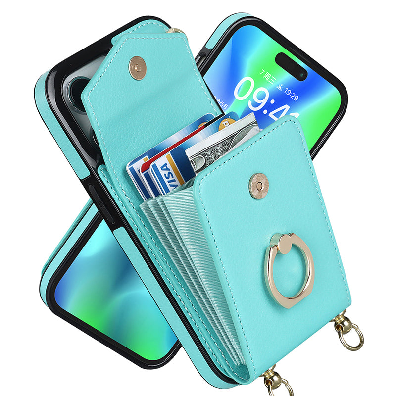 Leather Wallet Case with Ring & Lanyard For iPhone