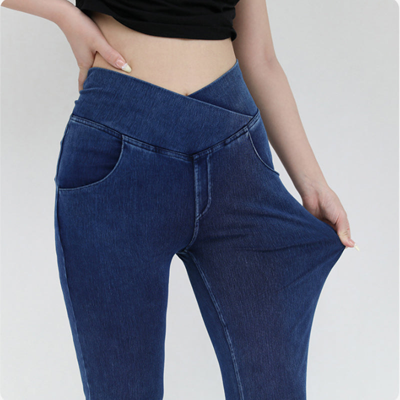 Stretchy Denim High Waisted Crossover Flare Pants