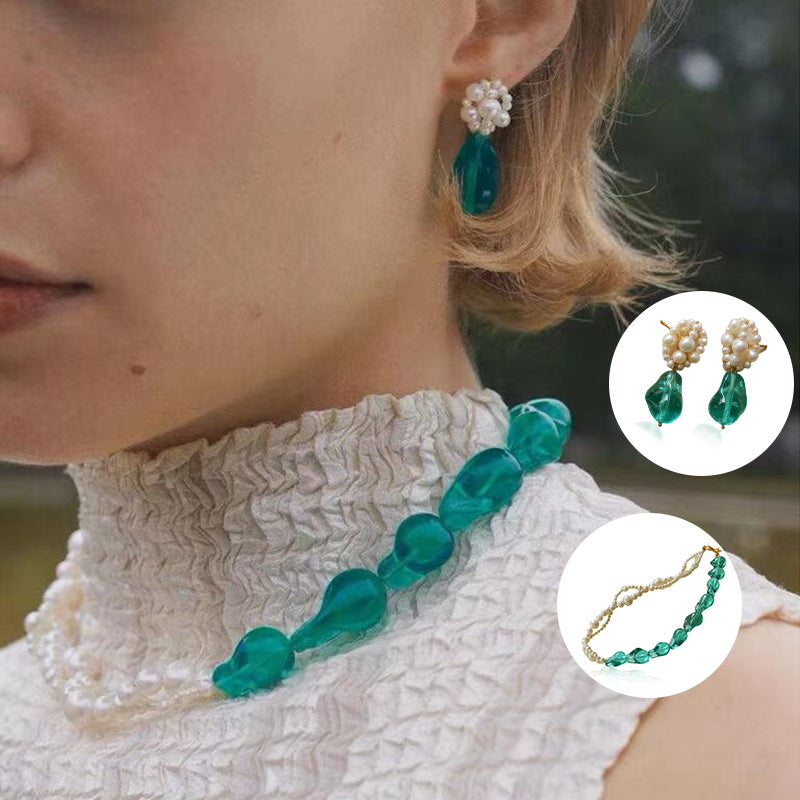 Hand-woven Blue Glaze Baroque Pearl Necklace and Earrings Set