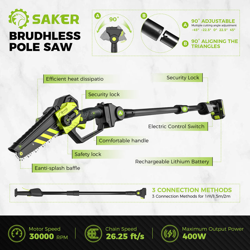 Saker 2-in-1 Brushless Pole Saw & Mini Chainsaw with 3 Replacement Chain