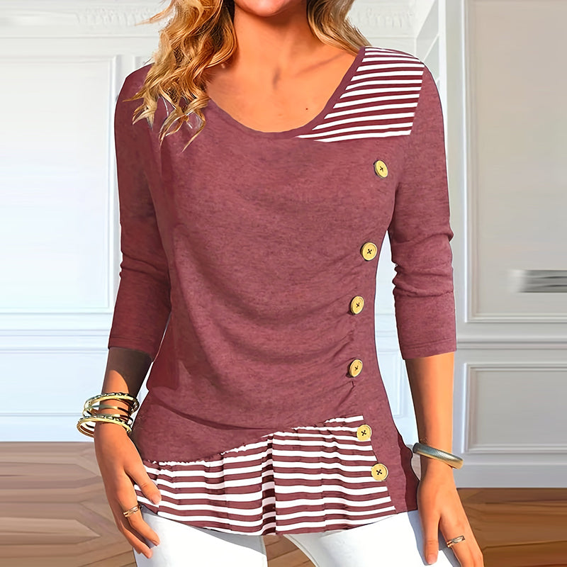 Striped Button Print Long Sleeve Casual Blouse