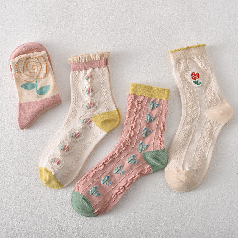 Women's Pink Floral Cotton Socks(5 pairs)