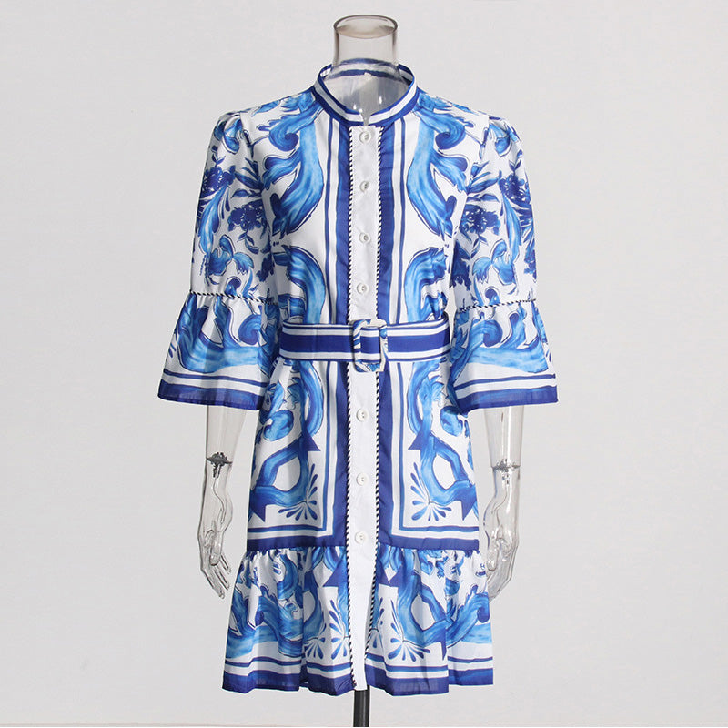 Flared Sleeve Blue Printed Short Dress