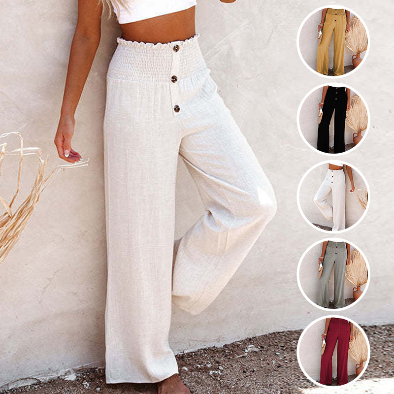 Breezy Linen Blend High-Waist Smocked Trousers