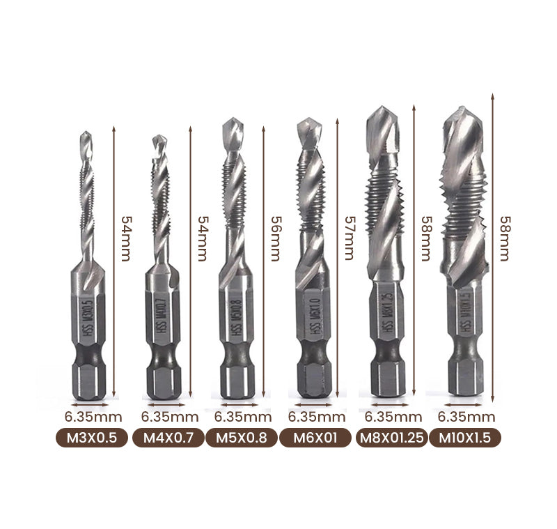 6 Piece Hexagon Shank Metric Composite Tap White Drill/Titanium Plated