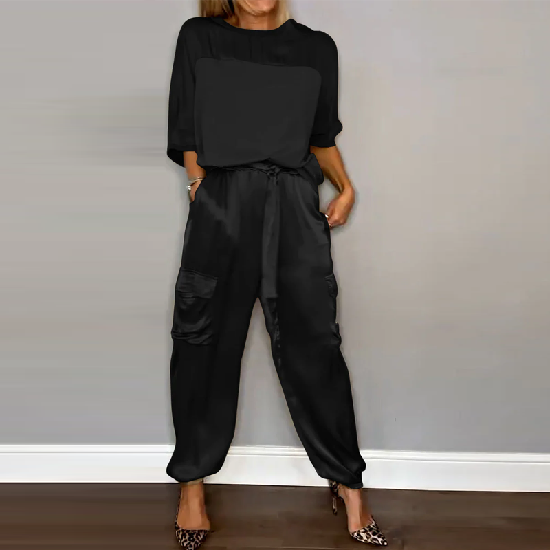 Women's Smooth Satin Half-sleeved Top and Pant Suit