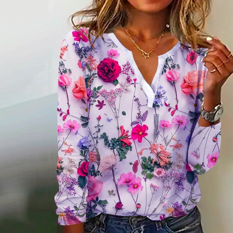Printed V-neck Long Sleeve Top
