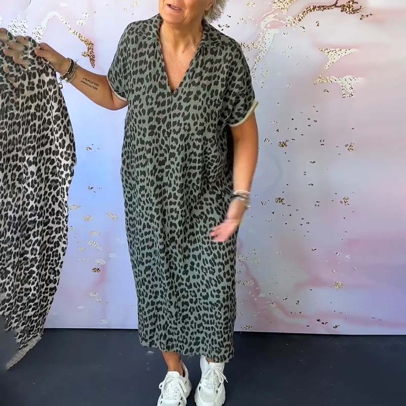 V-neck Short Sleeve Leopard Print Dress